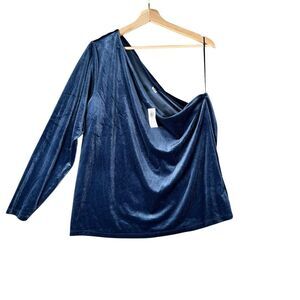 Old Navy Women Blue Winter Velvet One Sleeve Cold Shoulder Christmas Top Sz XXL